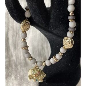 Elephant Gold Tone Pendant‎ Charm Gray Beaded Bracelet
